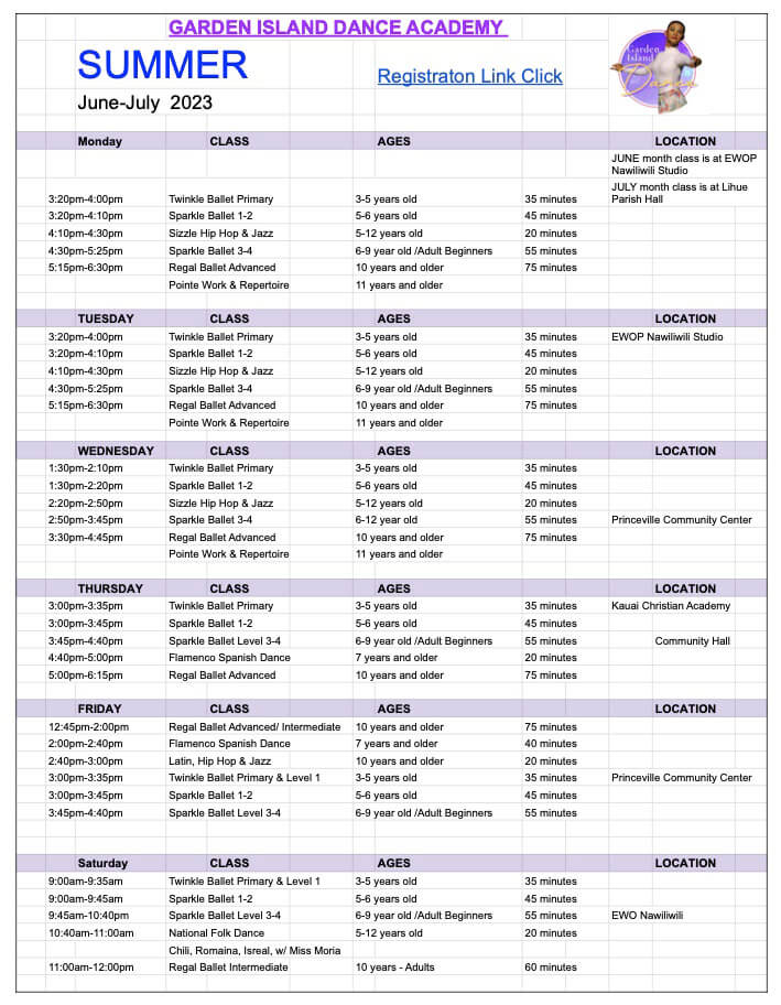 Garden Island Dance Academy Schedule
